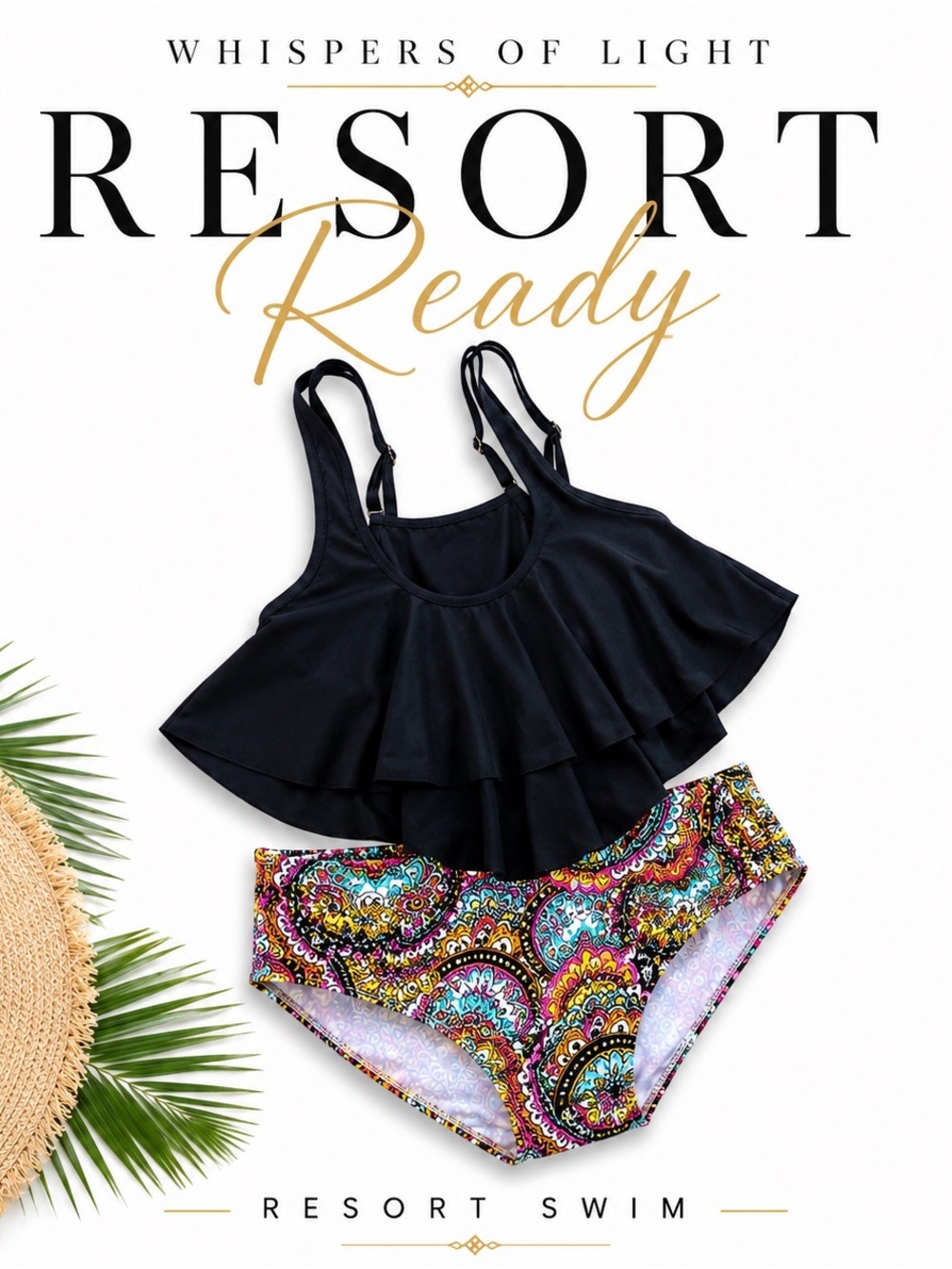 Catalina Swimwear XL Two Piece Tankini Set | Black Ruffle Top & Paisley NWOT